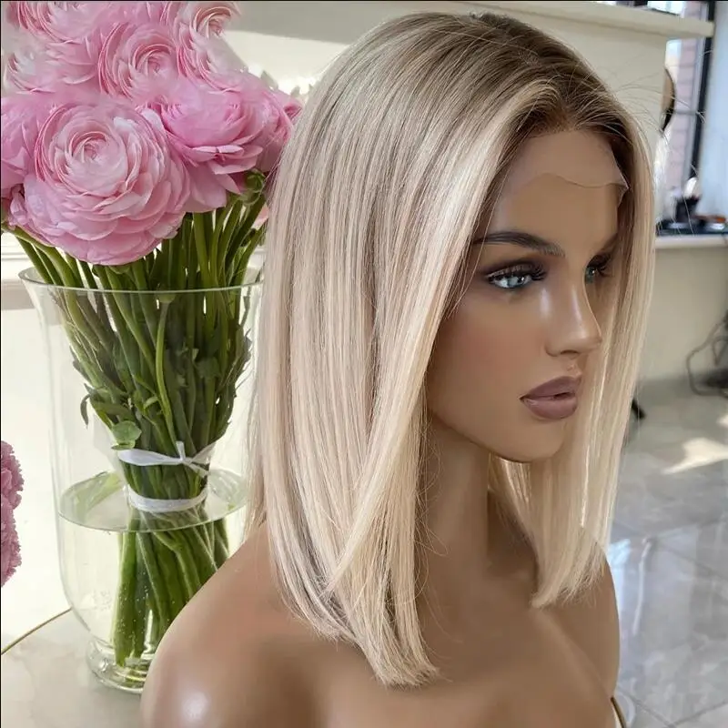 

Short Soft Bob 180Density Ombre Blonde Straight Lace Front Wig For Black Women BabyHair Heat Resistant Glueless Preplucked Daily