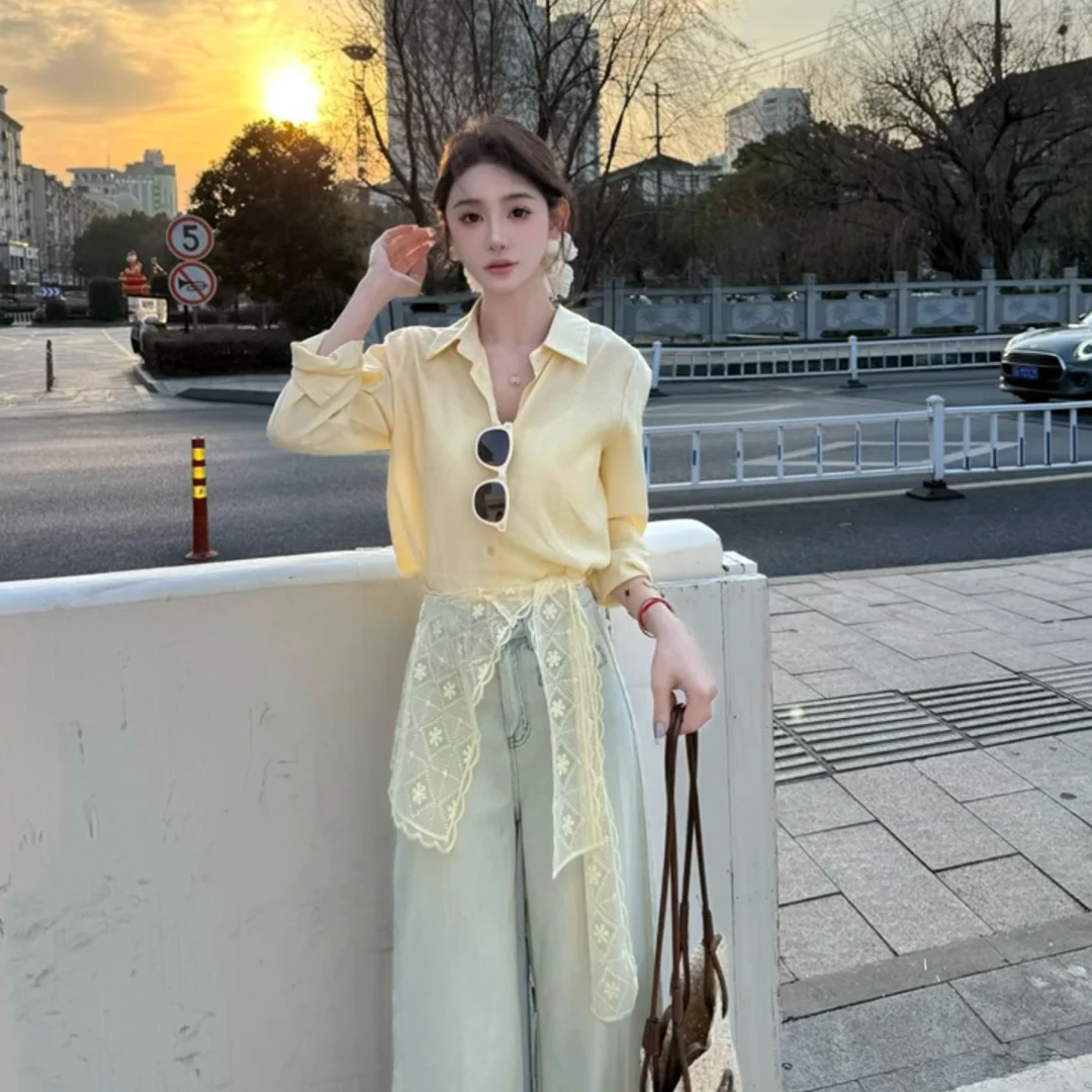 

Ele желтый воротник irt, женский весенне-осенний новый корсет для похудения, кружевной многослойный топ, корейский прямой крой