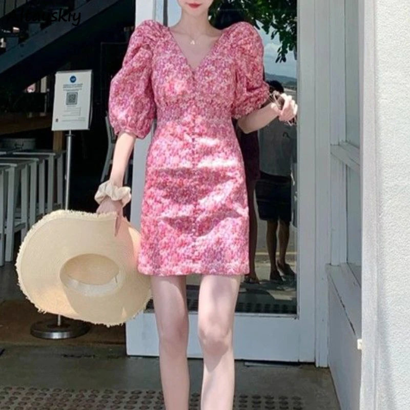 Vestido de verano con manga abullonada para mujer, estampado Floral, cuello en V, vacaciones, estilo francés, playa, romántico, cintura alta, dulce, moda, Ins, suave