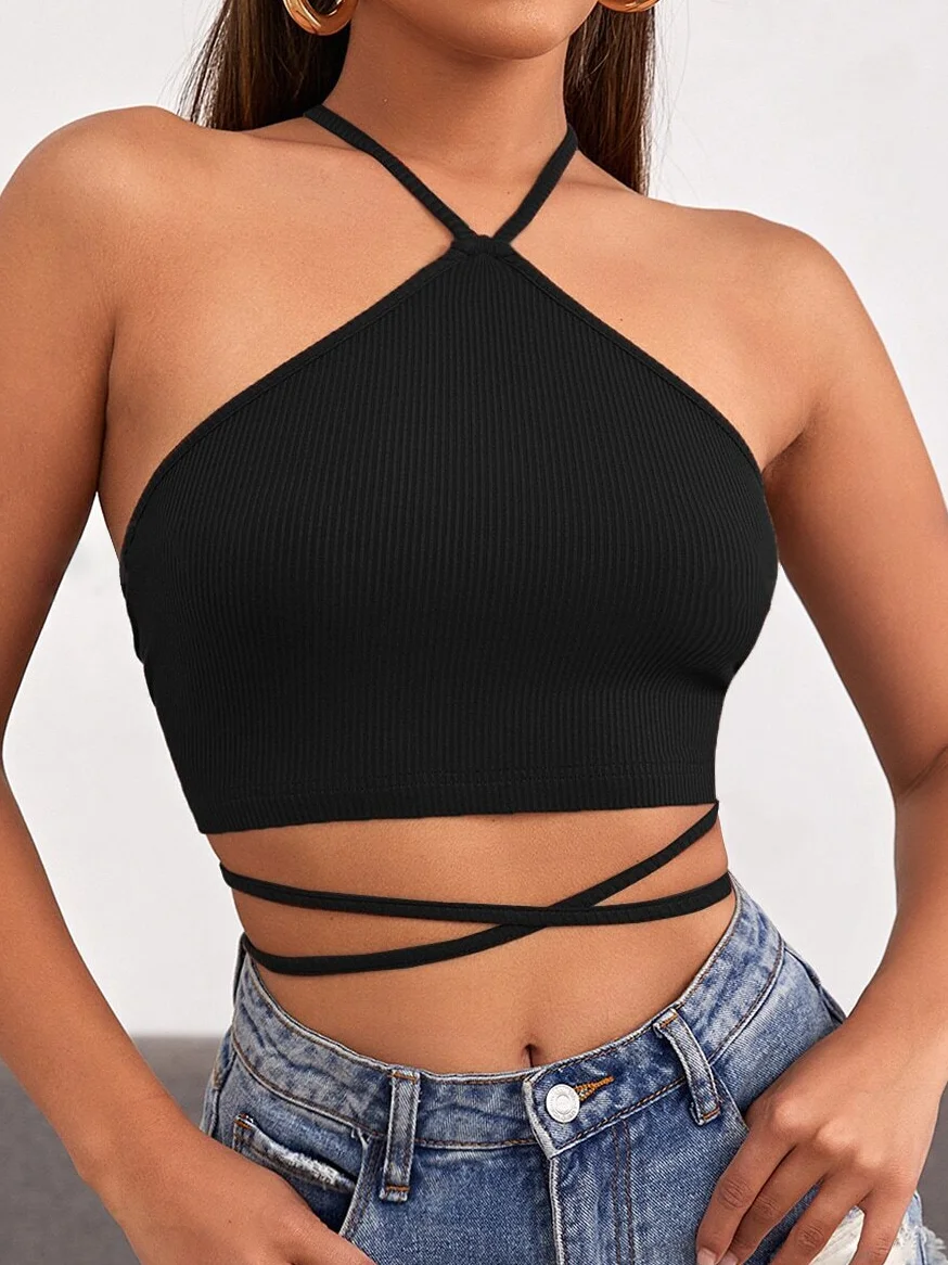

Women's Spring and Summer Fashion Casual Sexy Halter Waist Tie Short Drawstring Backless Tank Top