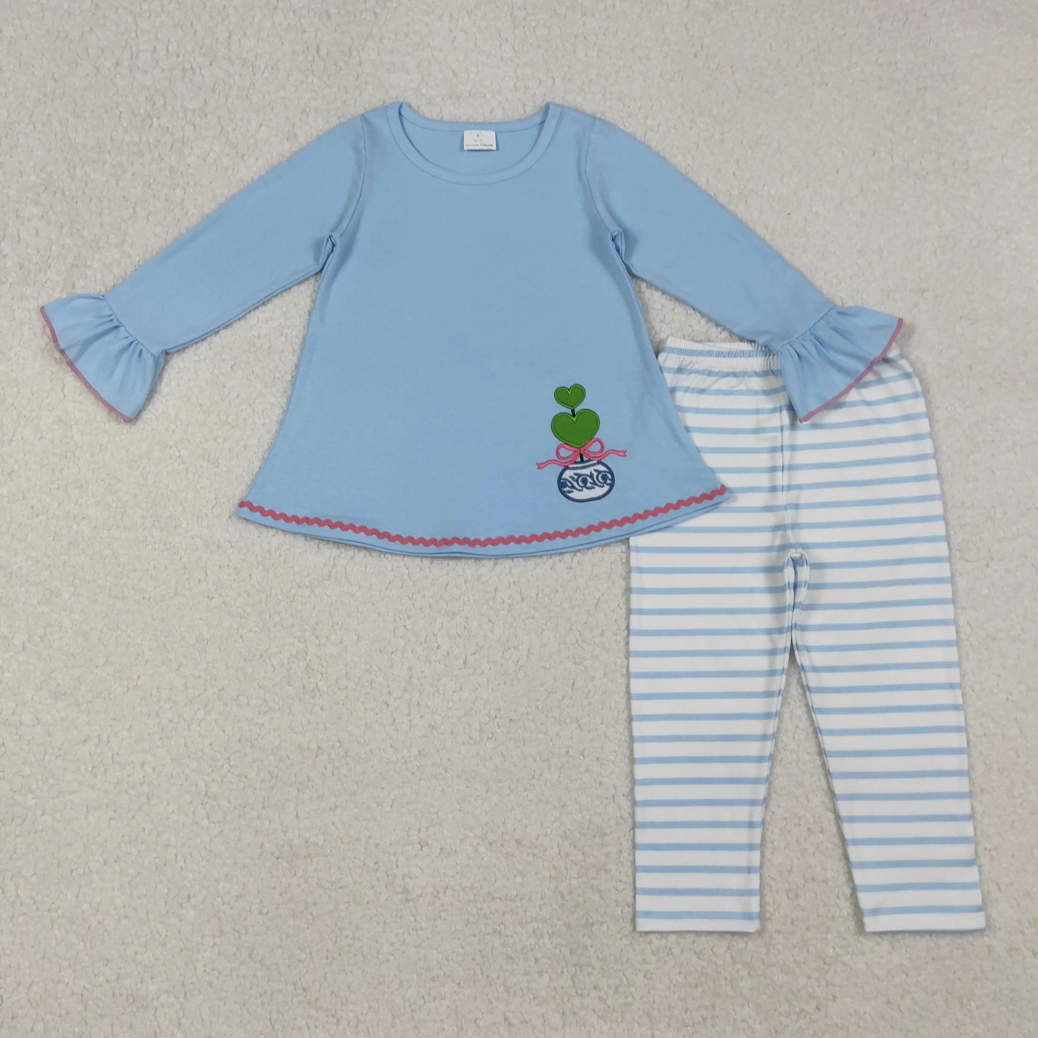 

X9.24 Embroidered bow vase Wholesale boutique children's girls clothing wholesale blue long-sleeved striped trouser suit