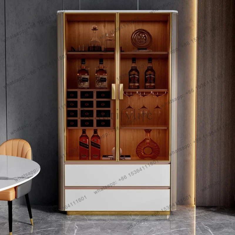 

Light luxury saddle leather wine cabinet Modern simple living room Home solid wood wall glass door Red wine cabinet