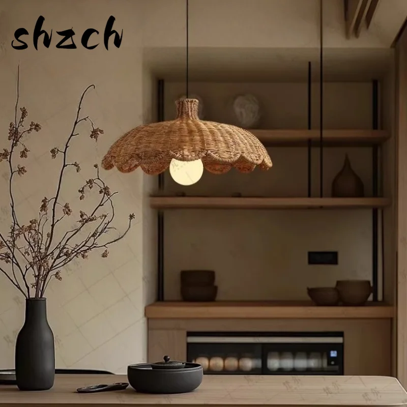Nordic Rattan Pendant Lights Handwoven Wicker Lamp for Dining Room Zen Tea House Ceiling Lamp Boho Hotel Decor Hanging Fixture