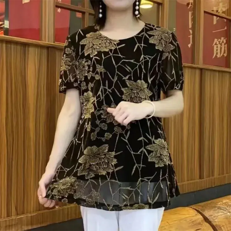 New Floral Bright silk Gauze pullovers Summer Vintage Casual Loose Round neck All-match short Sleeve T-shirt Female clothing