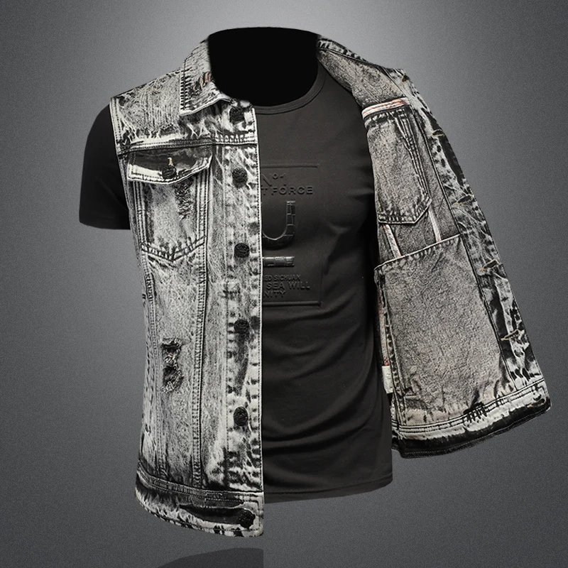 2024 new high quality fashion snowflake wash denim waistcoat men sleeveless waistcoat slim-fit biker vest Acetate S-4XL