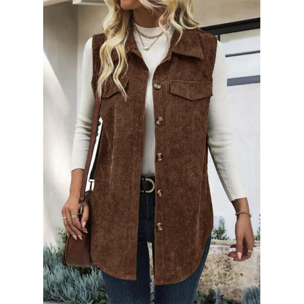 Women's Vest Corduroy Winter Women Vests Long Jacket Ladies Trend 2024 Turn-down Collar Sleeveless Waistcoat Large Size Vest