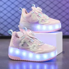 Children Two Girls Wheels Luminous Glowing Sneakers Heels Pink Led Light Roller Skate Shoes Kids Led Shoes USB Charging 29-38