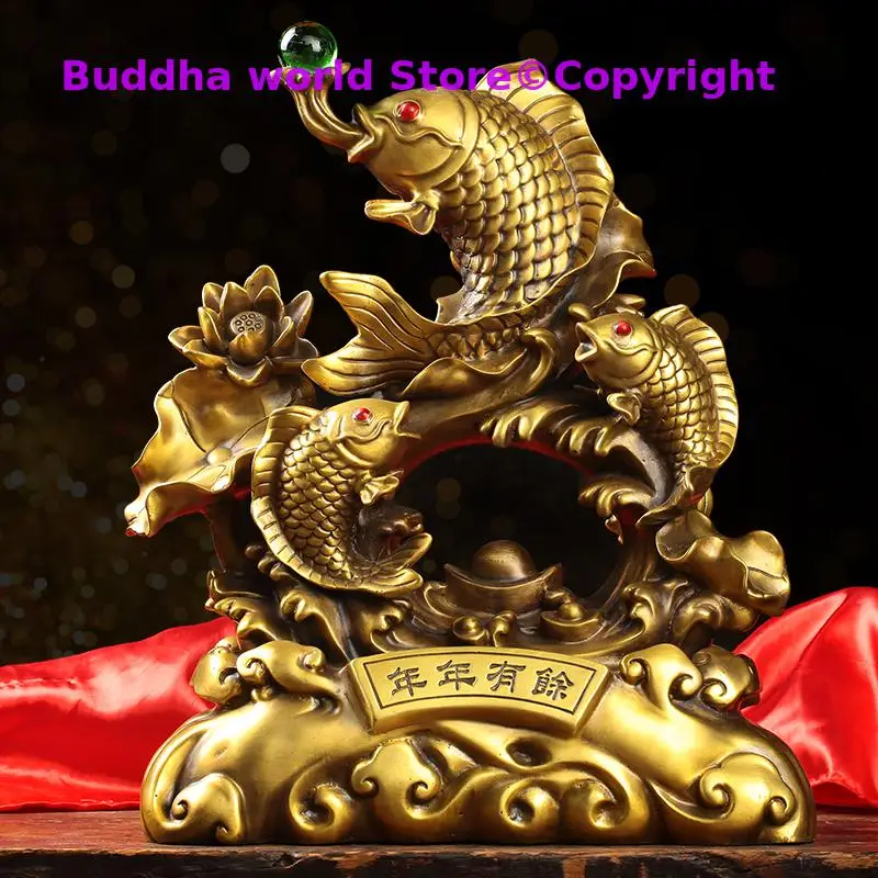 large Asia Home store COMPANY office Art deco bring wealth money good luck gilding gold fishes FENG SHUI ZHAO CAI copper statue