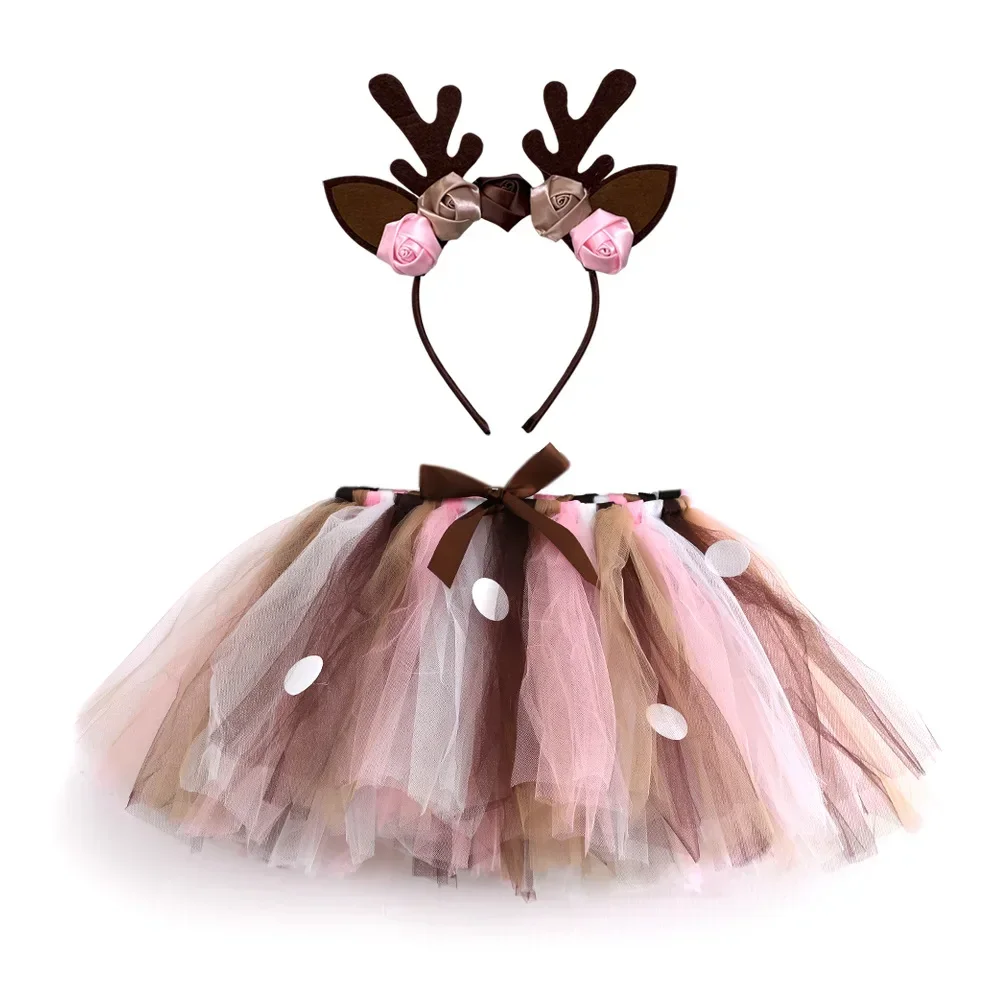 Fluffy Brown Deer Girl Tutu Skirt Christmas Costume Kids Reindeer Tulle Skirt Elk Halloween Carnival Children Skirt 1-8Years