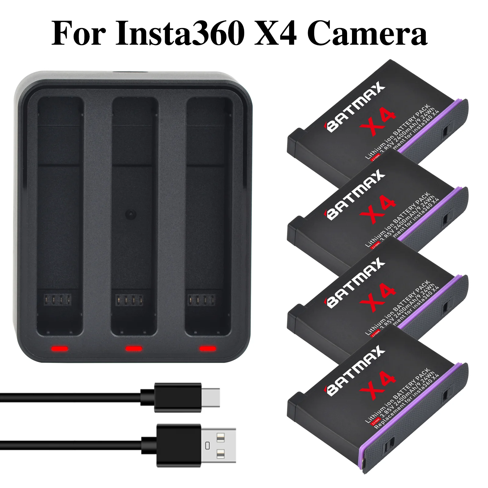 Batmax Insta360 X4 Battery 2400mAh Replacement Bateria + USB 3Slots Charger For Insta 360 X4 Action Camera Power Accessories