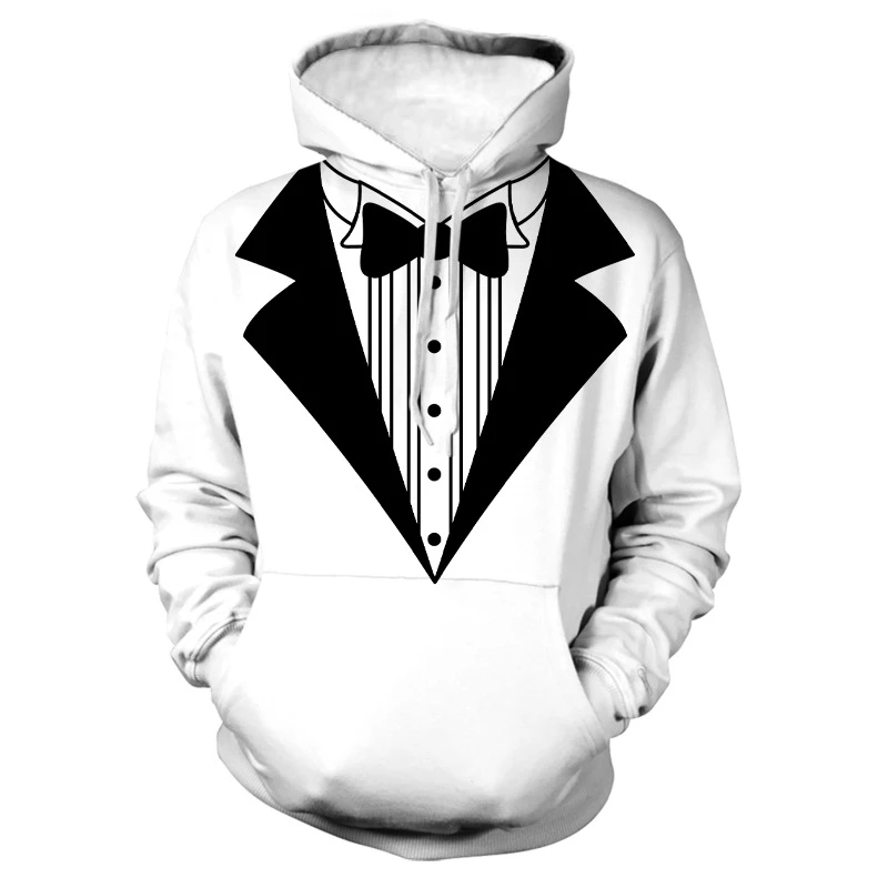 

Hoodies Sweatshirt Funny Fake Suit Cosplay Fashion 3D Hoodies Tuxedo Bow Tie Print Hooded Casual Pullovers Streetwear Clothing