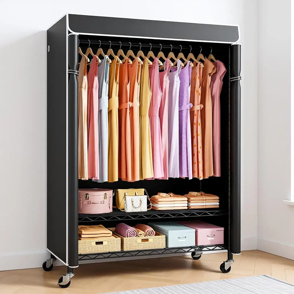 Rolling Clothes Rack with Cover, Heavy Duty Portable Closet, Hanging Clothes, Garment Rack on Wheels, Black Closet Rack with Bla