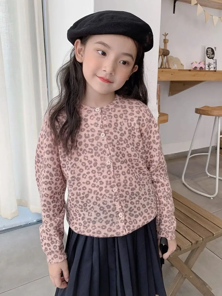 

Autumn kids girls clothes baby sweater kids cardigans girl Leopard print light pink cardigan baby coat
