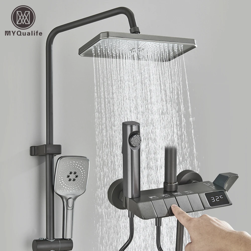 Grey Piano Digital Shower Set Intelligent Brass Bathroom Faucets Hot Cold Waterfall Tap Rainfall White Shower System Chuveiro