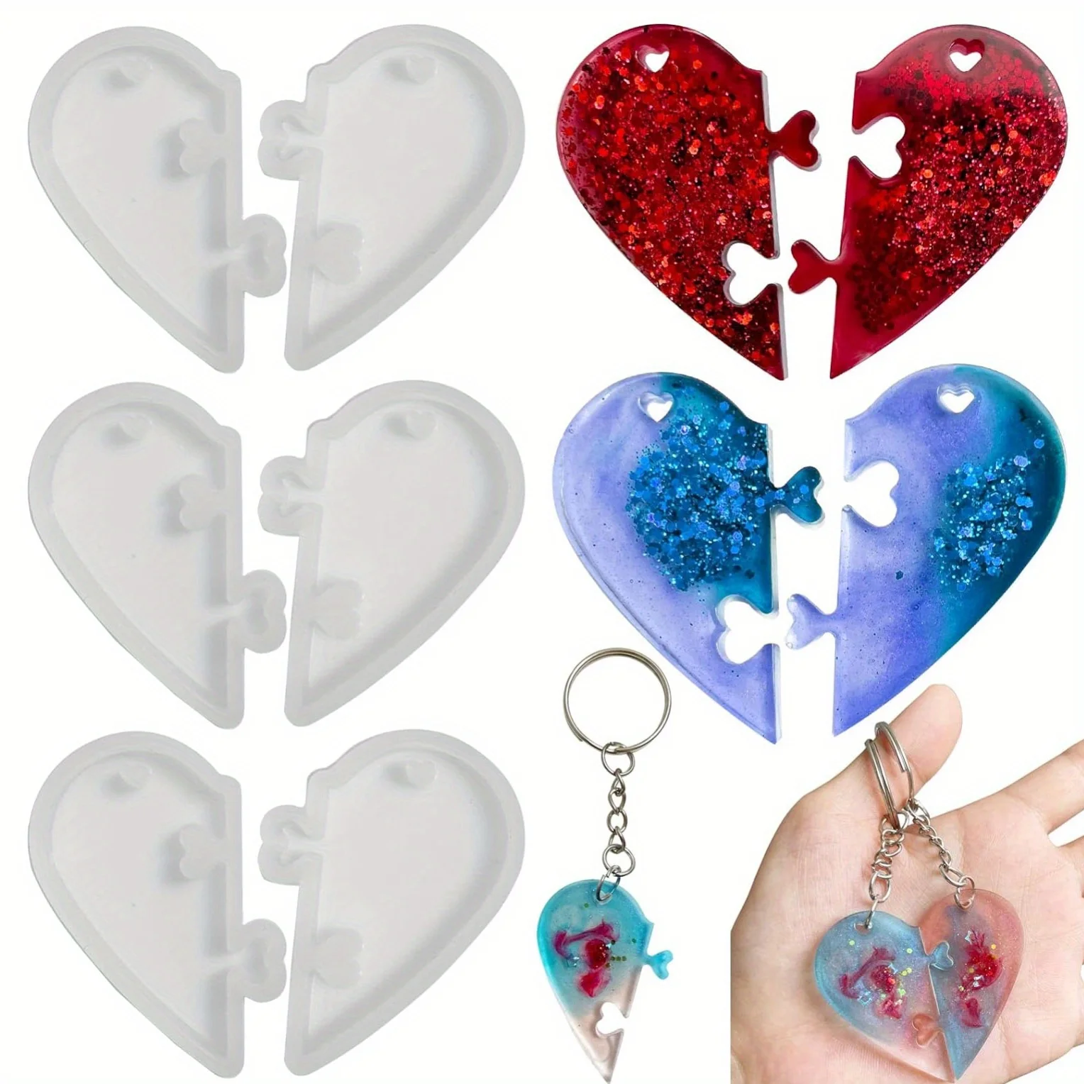 Moule en Silicone pour porte-clés Puzzle en forme de cœur, pendentif de Couple, Puzzle d'amoureux du cœur, moule de moulage en résine avec trou, fabrication de bijoux à faire soi-même, 3 pièces