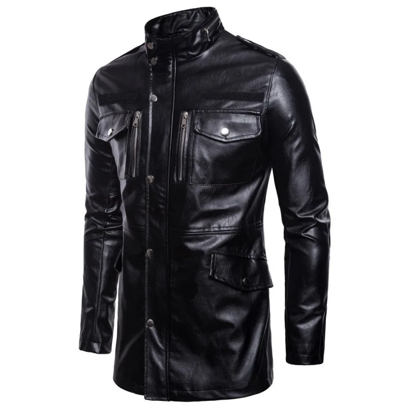 New autumn and winter solid color mid-length men's leather jacket with stand-up collar and four pockets, motorcycle style, Europ