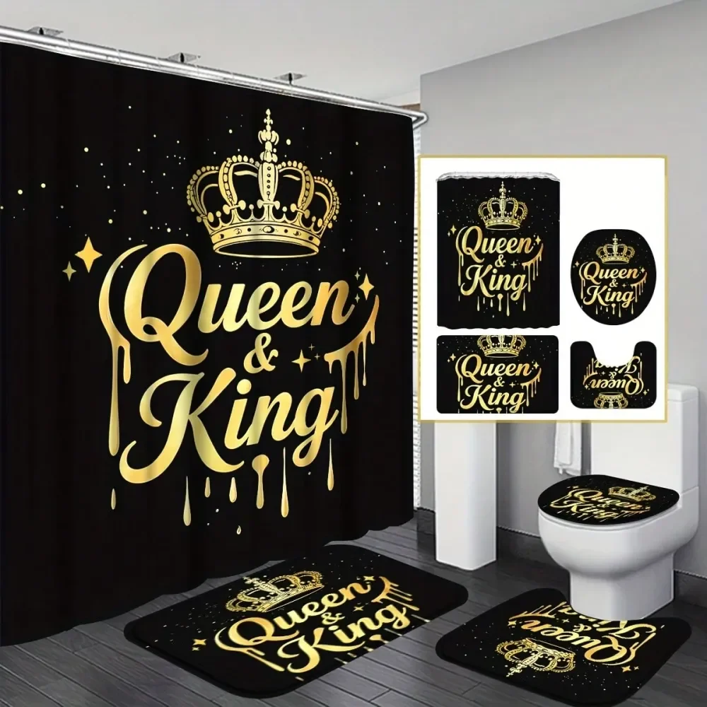 

Набор штор для душа Queen And King, роскошный комплект штор для душа с дизайном в виде черно-золотой короны, наборы для ванной комнаты с блестящими стразами.