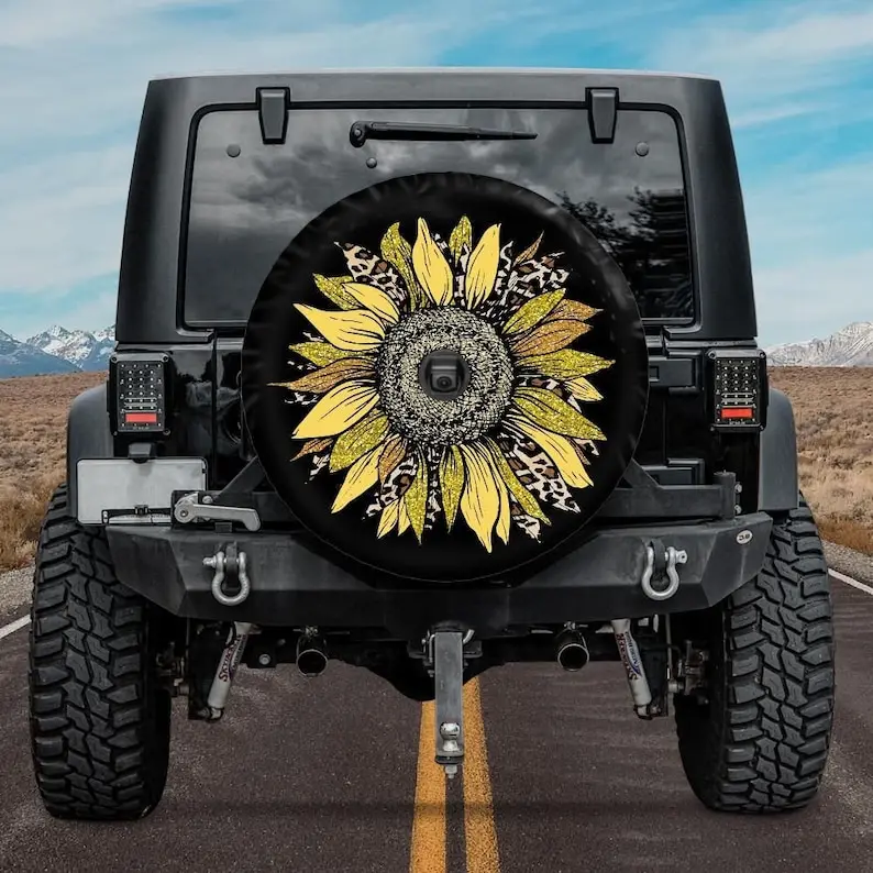 Spare Tire Cover with Yellow Cheetah Sunflower design, Cheetah Sunflower Wheel Cover with backup camera hole, Sunflower Camper T