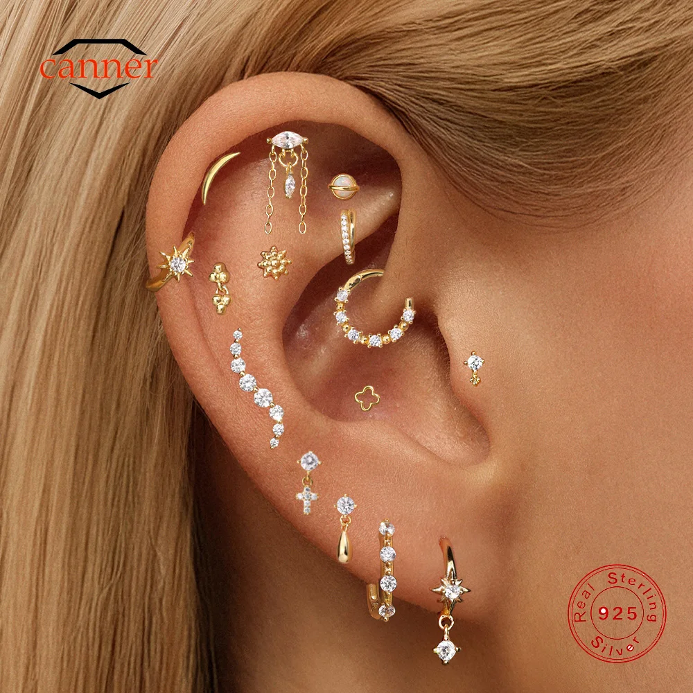 CANNER 1PC 925 Sterling Silver Eight-pointed Star CZ Flat Head Cartilage Piercing Stud Earring For Women Classic Earring Gift