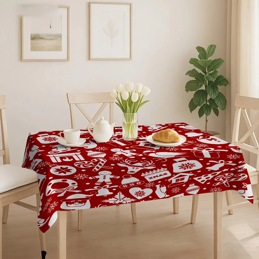 Holiday Icon Tablecloth, Red Base With Stylized White Xmas Icons And Gifts, Rectangular Table Cover Kitchen & Dining Home Decor