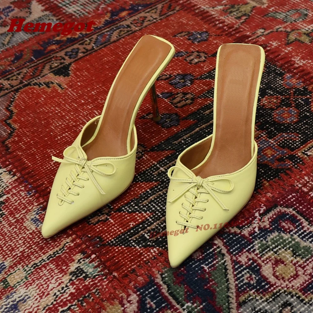 

Yellow Sewing Stiletto Slippers Pointy Toe Bows Lace-Up Thin High Heels Mules for Women Summer Patchwork Sexy Shoes Luxury 2026