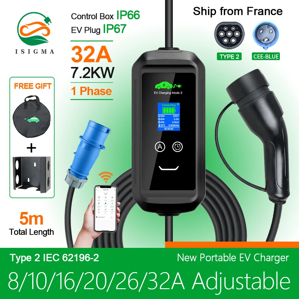 ISIGMA Tuya APP EV Electric Car Charger Type2 Portable EV Charger 32A 7.2KW 5M EV Charging Cable Wallbox EVSE EV Charger