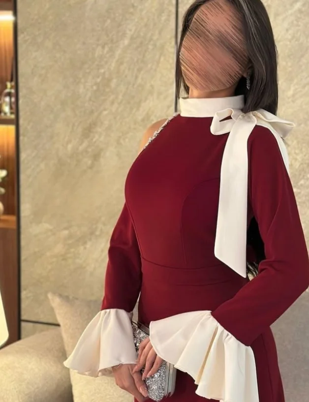 Robe rouge personnalisée De haute qualité, manches longues, longueur cheville, nœud froissé, col haut, robes De Gala, robes De Cocktail
