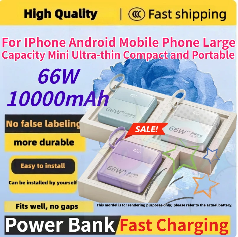66W 10000mAh Portable Power Bank for IPhone Android Mobile Phone Large Capacity Mini Ultra-thin Compact and Portable