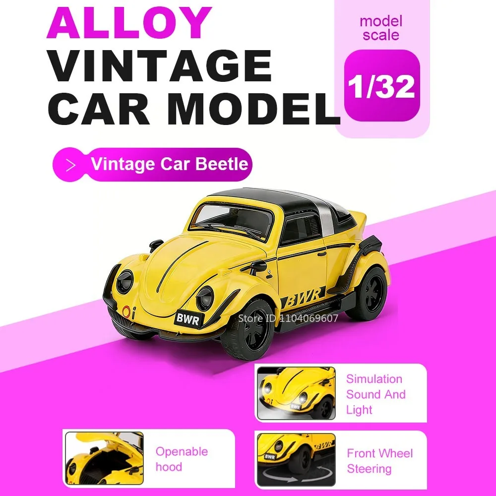 

Машинка-игрушка в масштабе 1:32, модель Volkswagen Beetle, литая из сплава, с открывающимися дверями, откатным механизмом, звуком и светом, резиновыми шинами, имитация автомобиля для детей, подарок