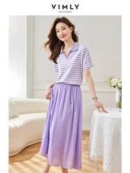 Vimly Casual Purple Skirt Sets Women's Summer Outfits Striped V Neck Polo T Shirts Top Solid Midi Skirts with Chain 2 Piece Sets