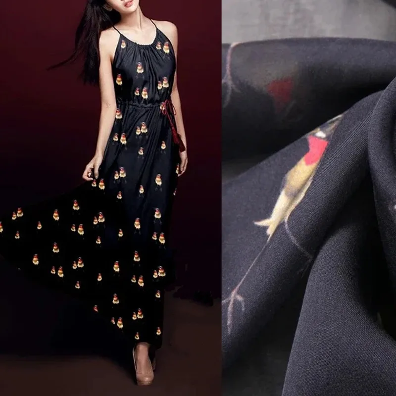 

135cm Wide 8mm Cute Birds Print Thin Black Silk Chiffon Fabric For Summer Dress Shirt Clothes Diy Sewing Material D525