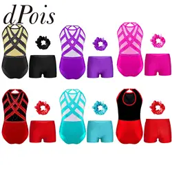 Kids Girls Ballet Outfit Rhinestones Gymnastics Leotard Sleeveless Skating Bodysuit with Shorts Headwear Child Dancewear Sets