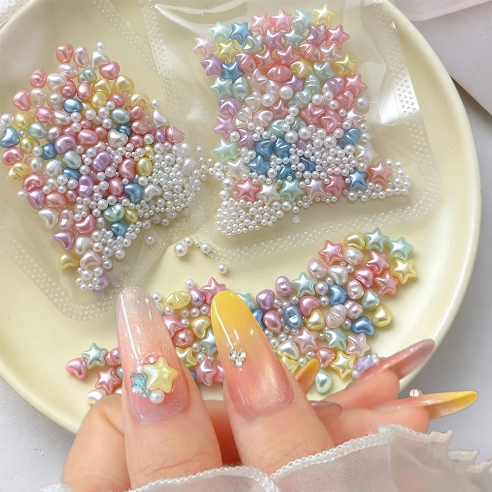 50 Stück 3D Perlglanz-Stern-Herz-Nagelcharms Bonbonfarben Chubby Love Pentagramm Nagelkunst Strass DIY Bastelzubehör Maniküre-Dekoration