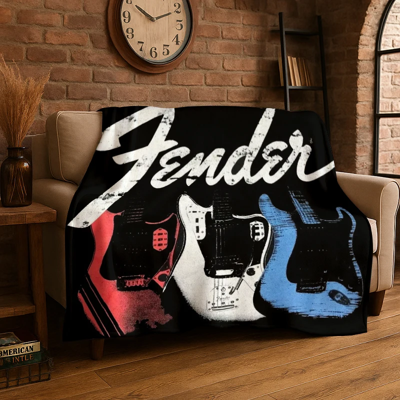Retro Fender Logo Guitar Instruments Music Flannel Blanket Soft Warm Throw Blanket for Bedroom Living Room Bed Travel Picnic