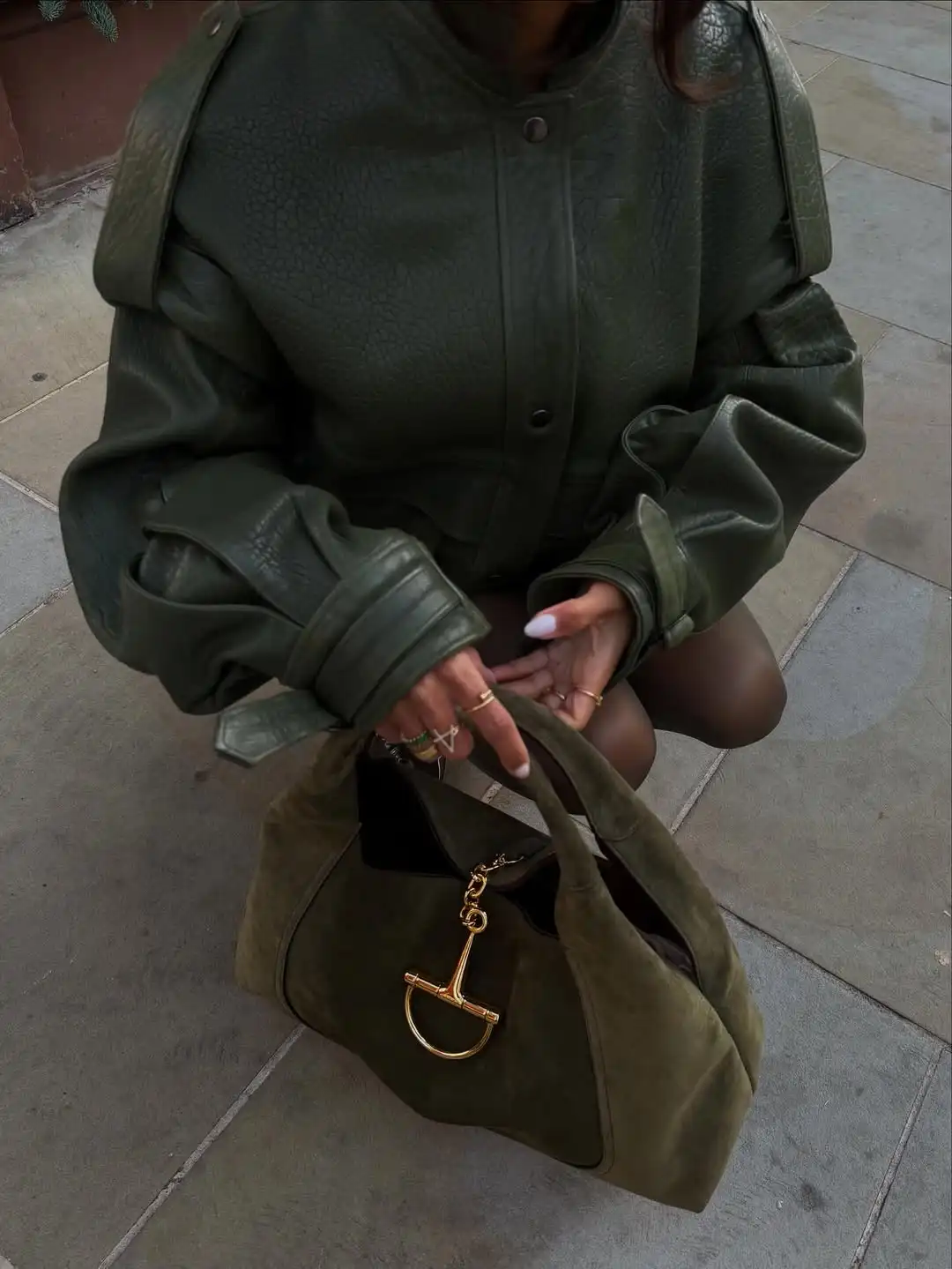 Green Vintage Short Leather Jacket Lady Fashion Solid Stand Collar Single Breasted Loose Outerwears Women Daily Highstreet Coat