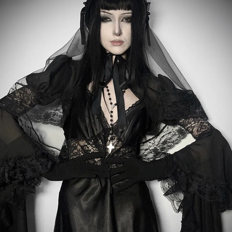 

Goth Y2k Aesthetic Women Summer Crop Blouse Sweet Bandage JK Blusas Capes Cosplay Harajuku One-button Flare Sleeve Grunge Shirt