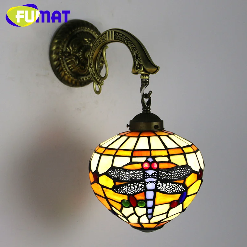 FUMAT Tiffany  Vintage stained glass sconces Living Room Den Bedroom Dining Room Aisle Dragonfly spherical swing arm wall lamp