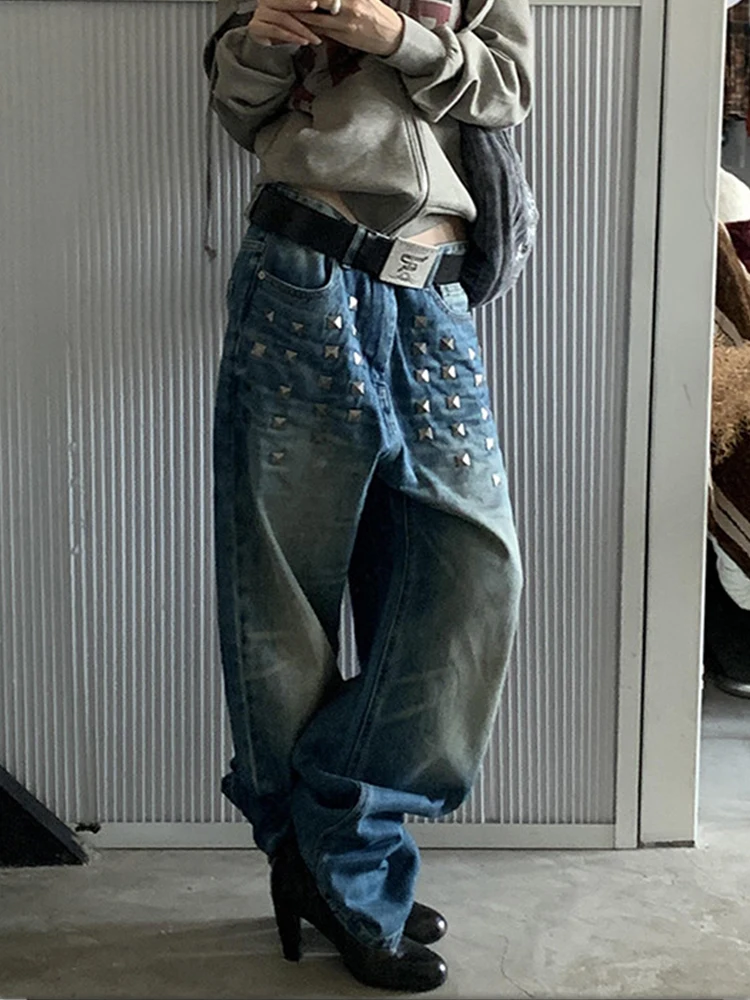 

Синие джинсы с низкой талией и заклепками, женские осенне-зимние 2022, новые свободные дизайнерские широкие брюки с волнами воды, индивидуальные уличные широкие брюки
