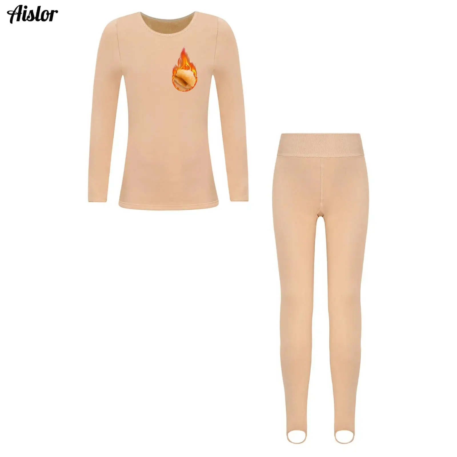 

Kids Girls Ballet Gymnastics Training Dancewear Thermal Underwear Set Solid Color Long Sleeve Fleece-Lined Tops+Leggings Set