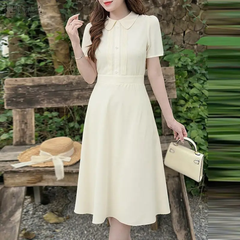 

Плиссированное летнее женское платье с короткими рукавами ZANZEA, элегантный однотонный сарафан, платья А-силуэта, повседневные платья, офисное платье для работы и вечеринок