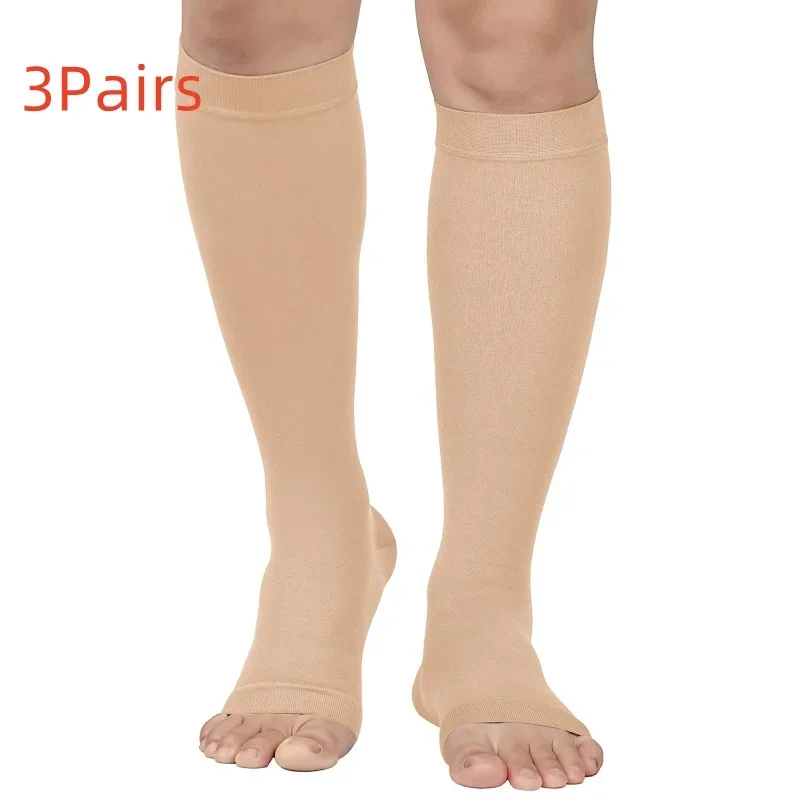 Women 3 Pairs Plus Size Compression Socks Wide Calf Open Toe Graduated Medical Support Stockings Toeless Flight Pressure Socks