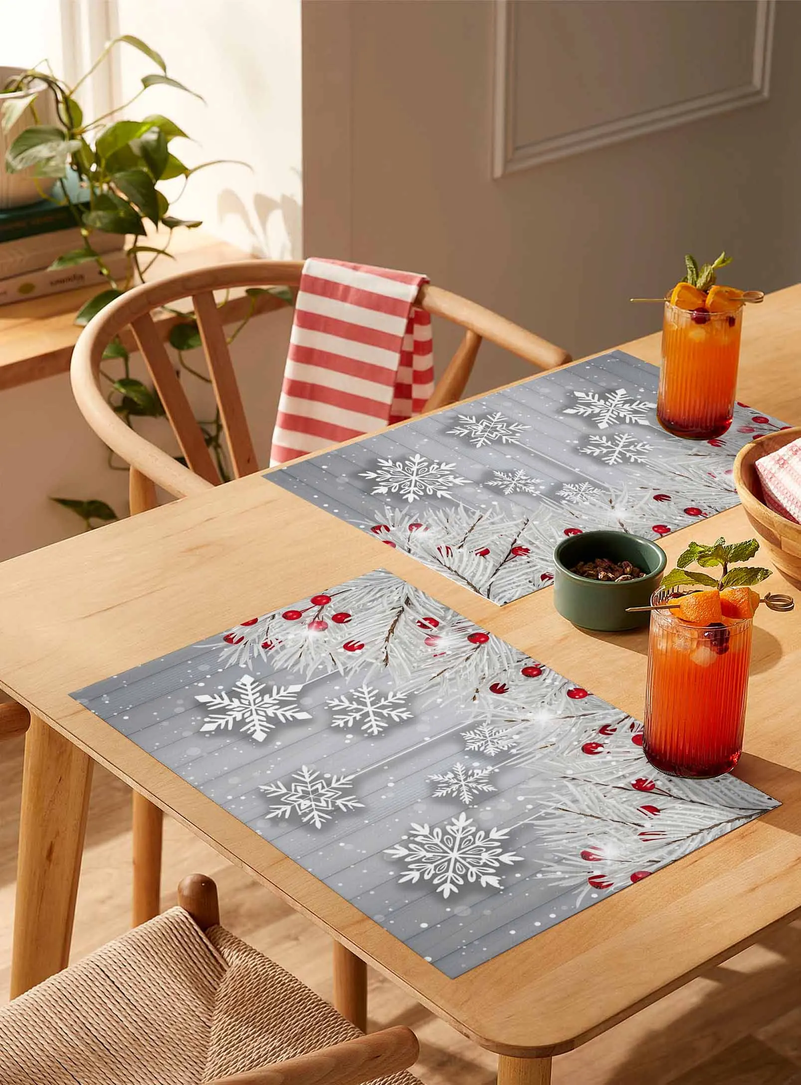 

4/6 Pcs Winter Wood Grain Pine Branch Placemat Wedding Party Dining Decor Linen Table Mat Kitchen Accessories