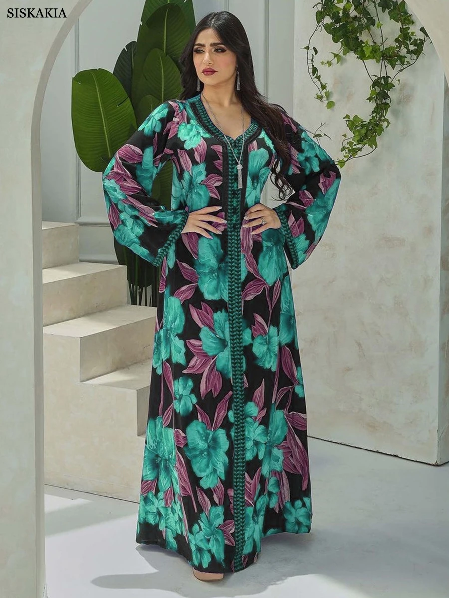 Dresses For Women 2023 Muslim Ethnic Floral Print New Abaya Diamonds Long Sleeve Maxi Dress Djellaba Marocaine