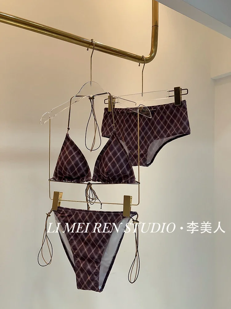 New vacation sexy hot girl hanging neck plaid bikini three piece set swimsuit for women