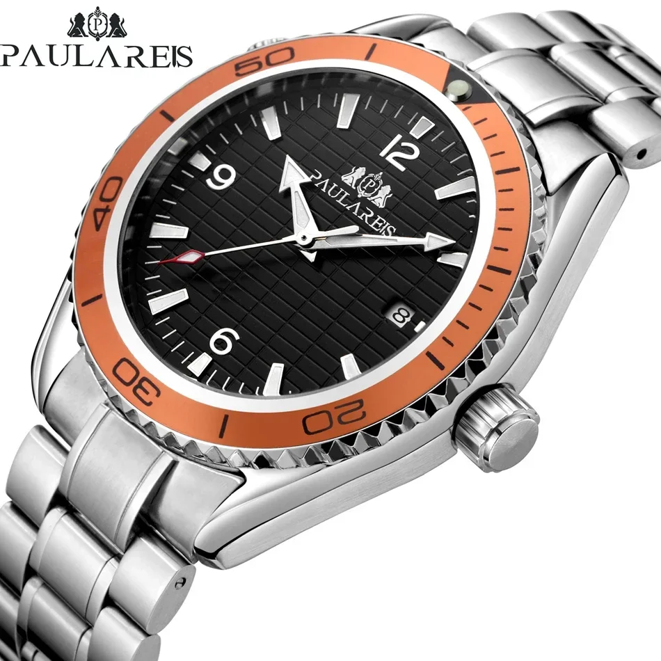 Automatic Watch for Men Mechanical Movement Stainless Steel Strap Simple Orange Blue Bezel Date Business Reloj Hombre Baratos