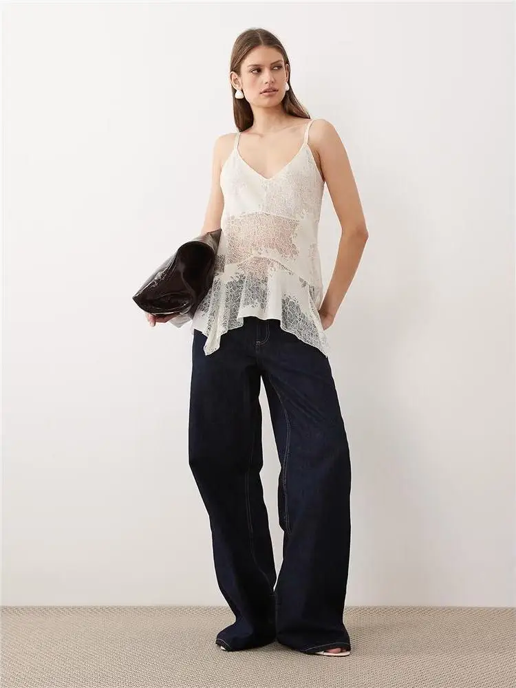 Irregular Lace Base Shirt Mid-Length Holiday Top with Lace Trim Hollow out Design for City Walk Batwing Sleeve Polyester Fabric