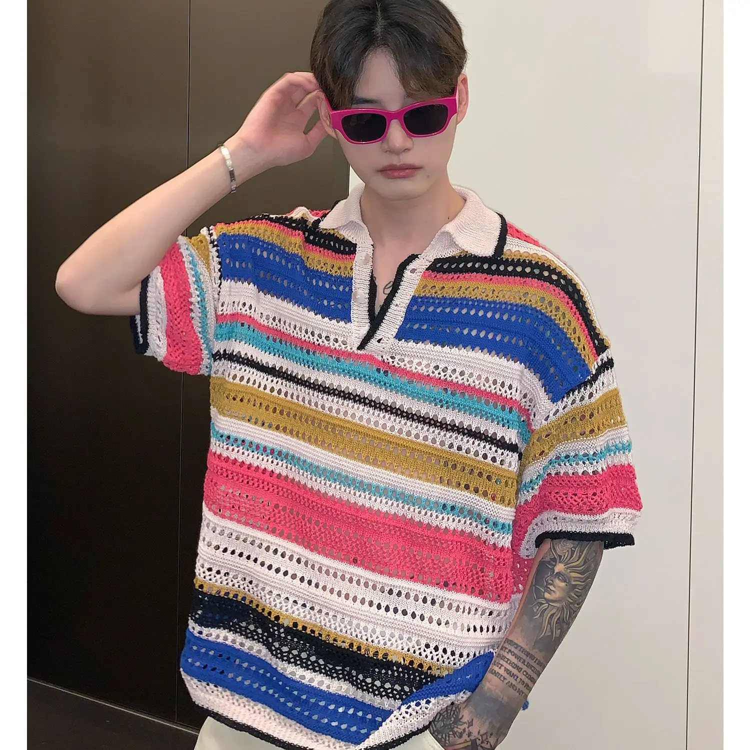 American retro striped contrasting knitted polo shirt loose summer new style lapel casual short sleeved men and women T-shirt