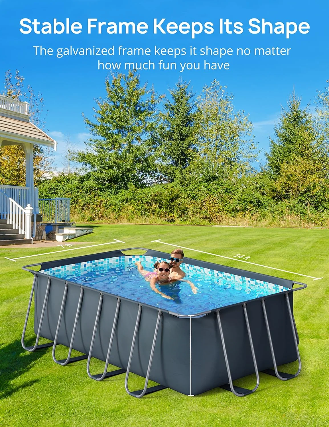 14ft x 7ft x 48in Metal Frame Swimming Pool Set for Families, Rectangular Above Ground Pool Set with Cartridge Filter Pump