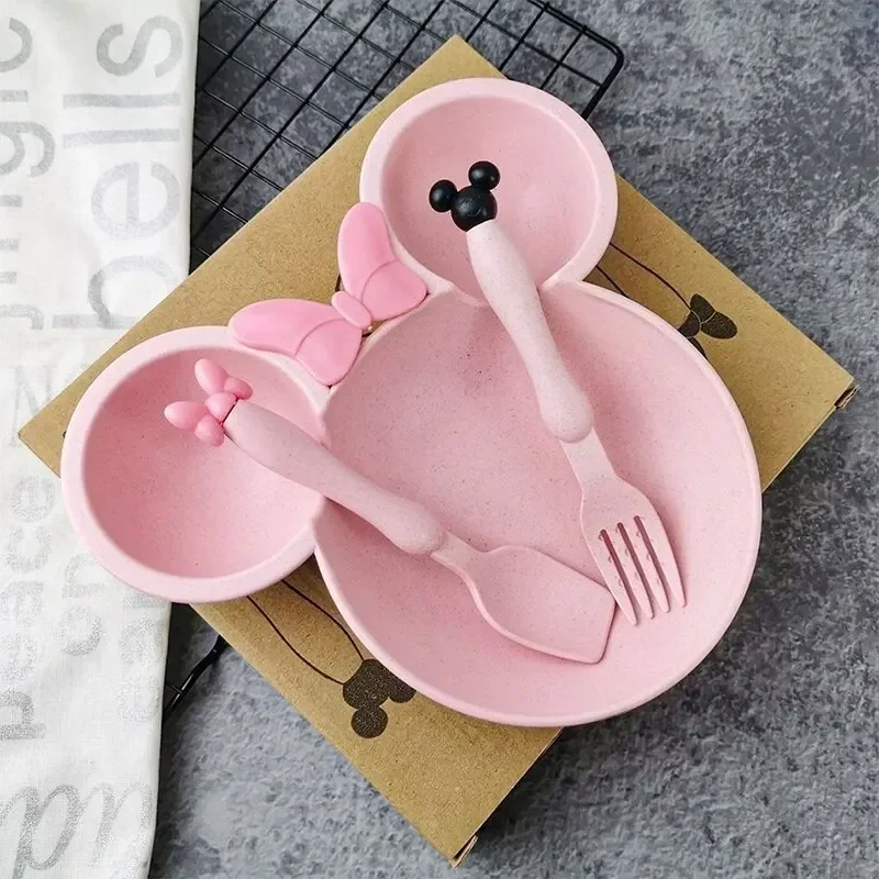 3Pcs/set Cartoon Baby Bowl Tableware Set Wheat Straw Children\'s Dishes Kids Dinner Feeding Plate Bowknot Food Plate Spoon Fork