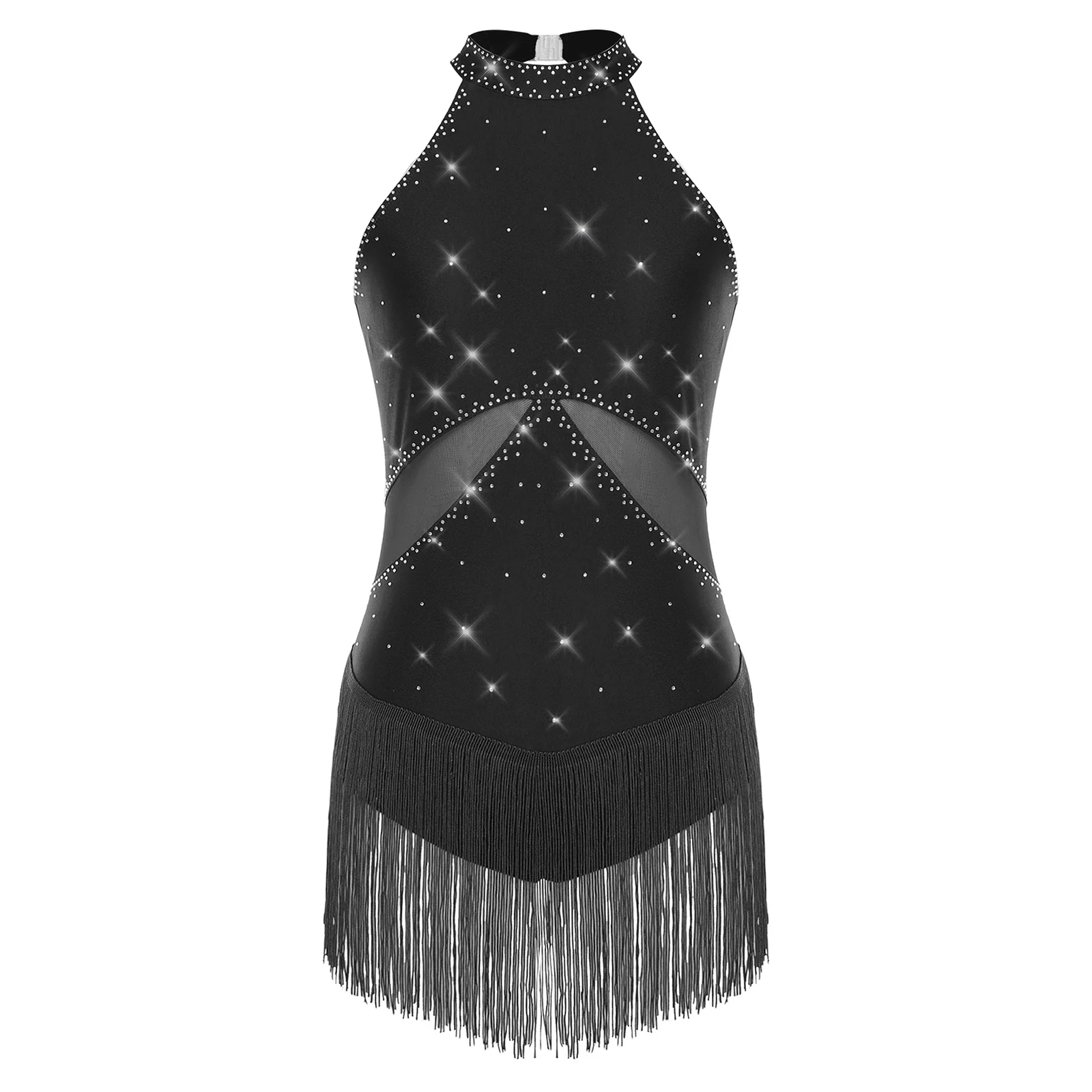 

Womens Latin Chacha Dance Leotard Sparkly Rhinestone Tassel Mesh Bodysuit for Stage Ballroom Ballet Latin Dance Performance